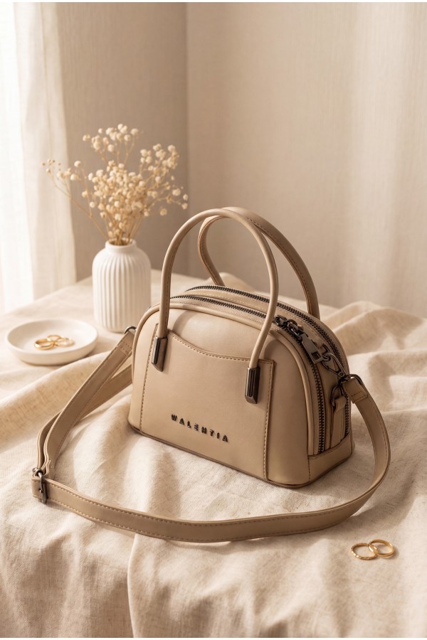 Short Handle Long Strap Double Zip Mini Bag  -Mink color
