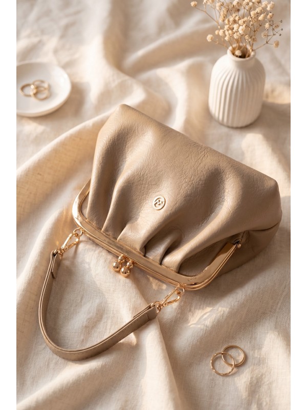Clip-fastened, long-strap, nostalgic design bag -Mink color