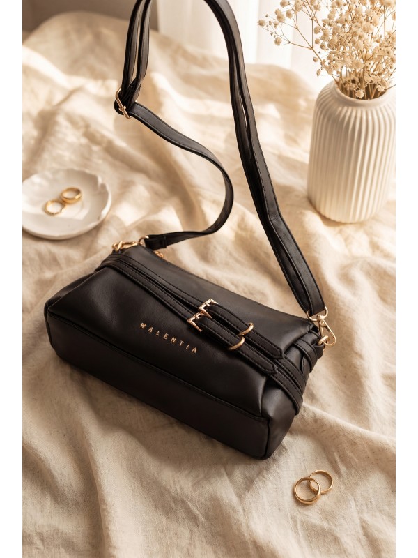 Women's Long-Strap Bag with Front Belt Detail -Black