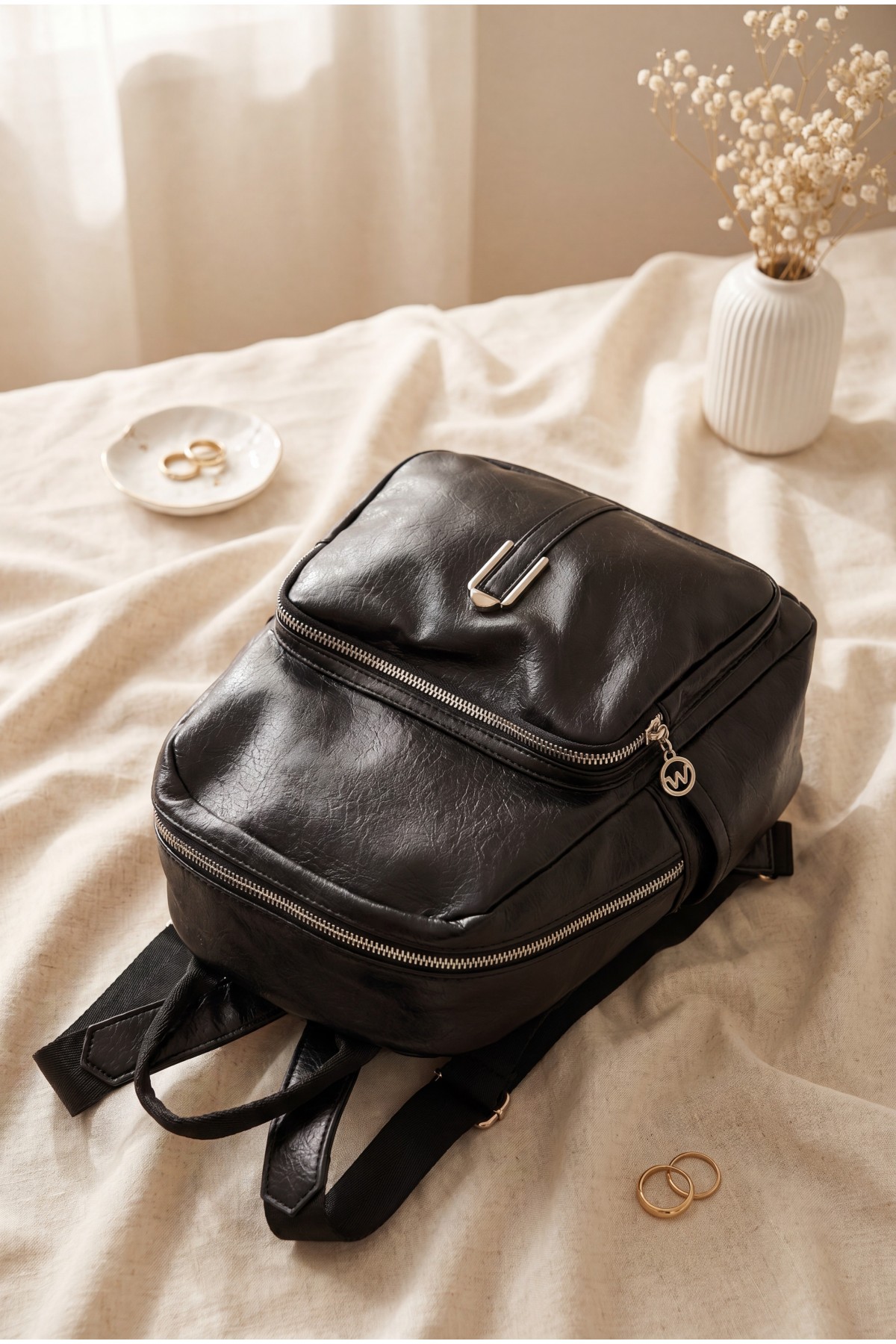 Woven Strap Double Zip Women's Backpack -Black