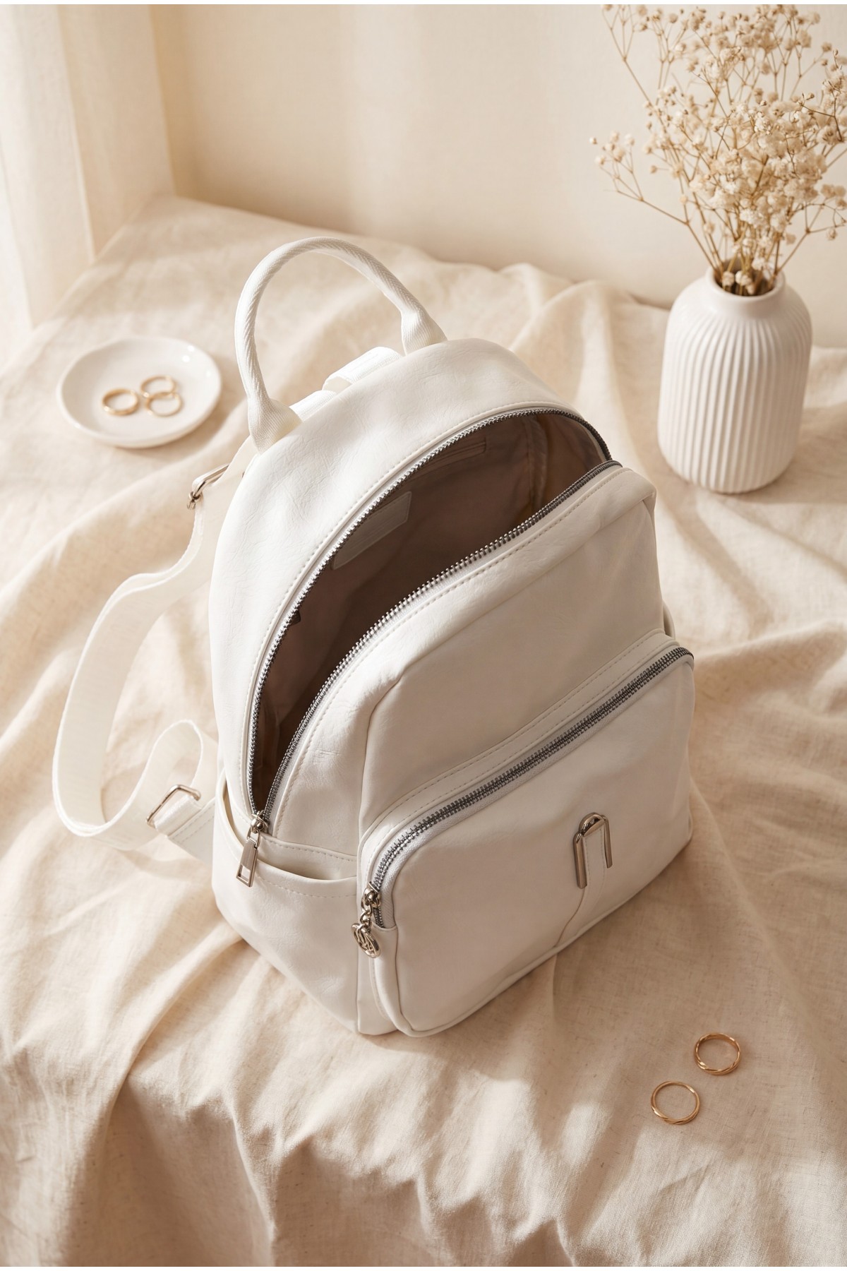 Woven Strap Double Zip Women's Backpack -White