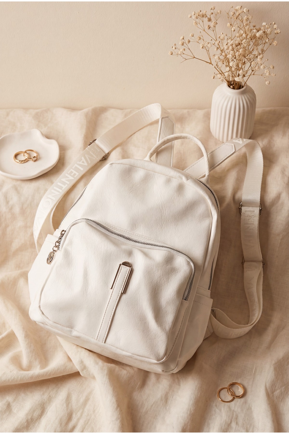 Woven Strap Double Zip Women's Backpack -White