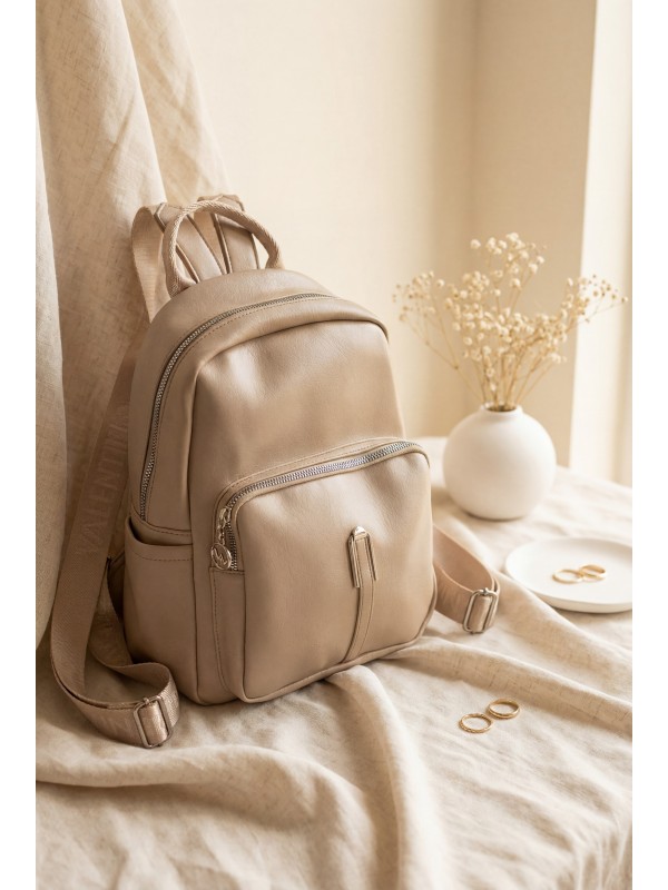 Woven Strap Double Zip Women's Backpack -Mink color