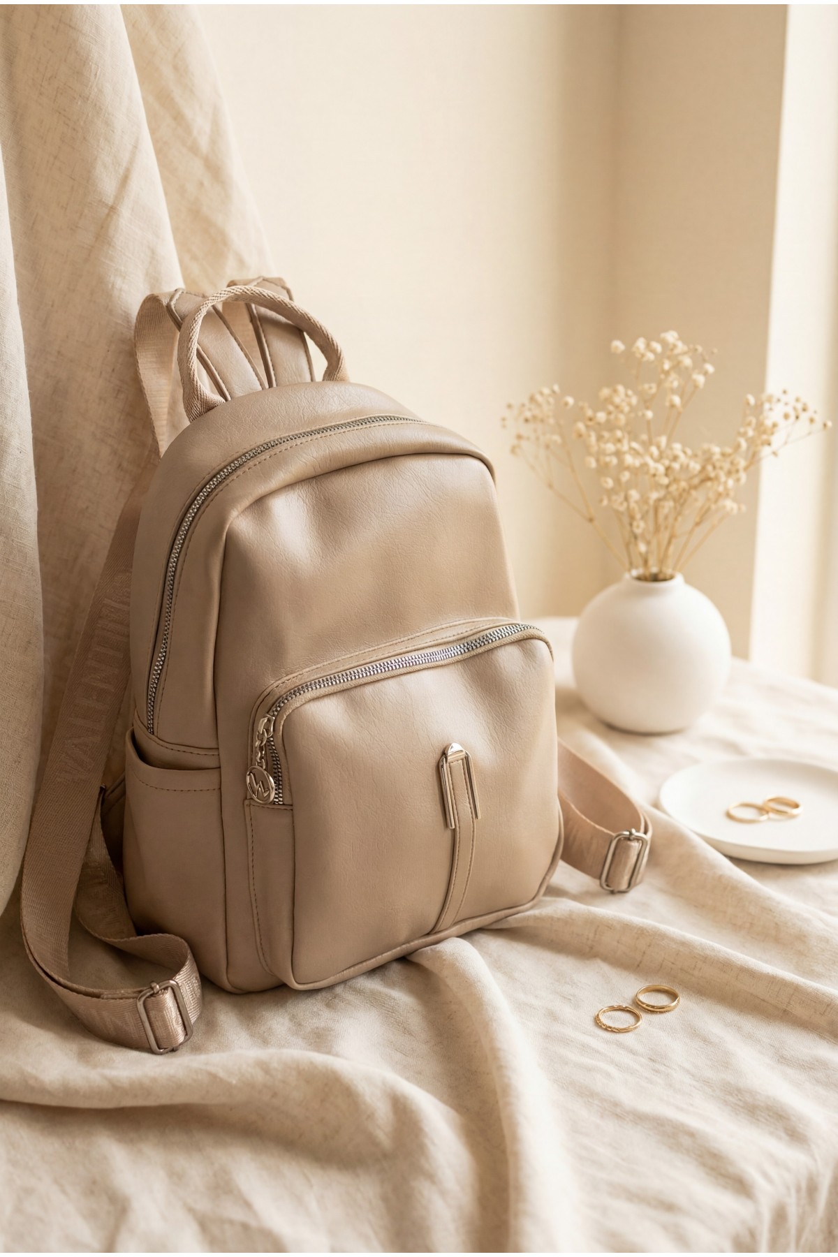 Woven Strap Double Zip Women's Backpack -Mink color