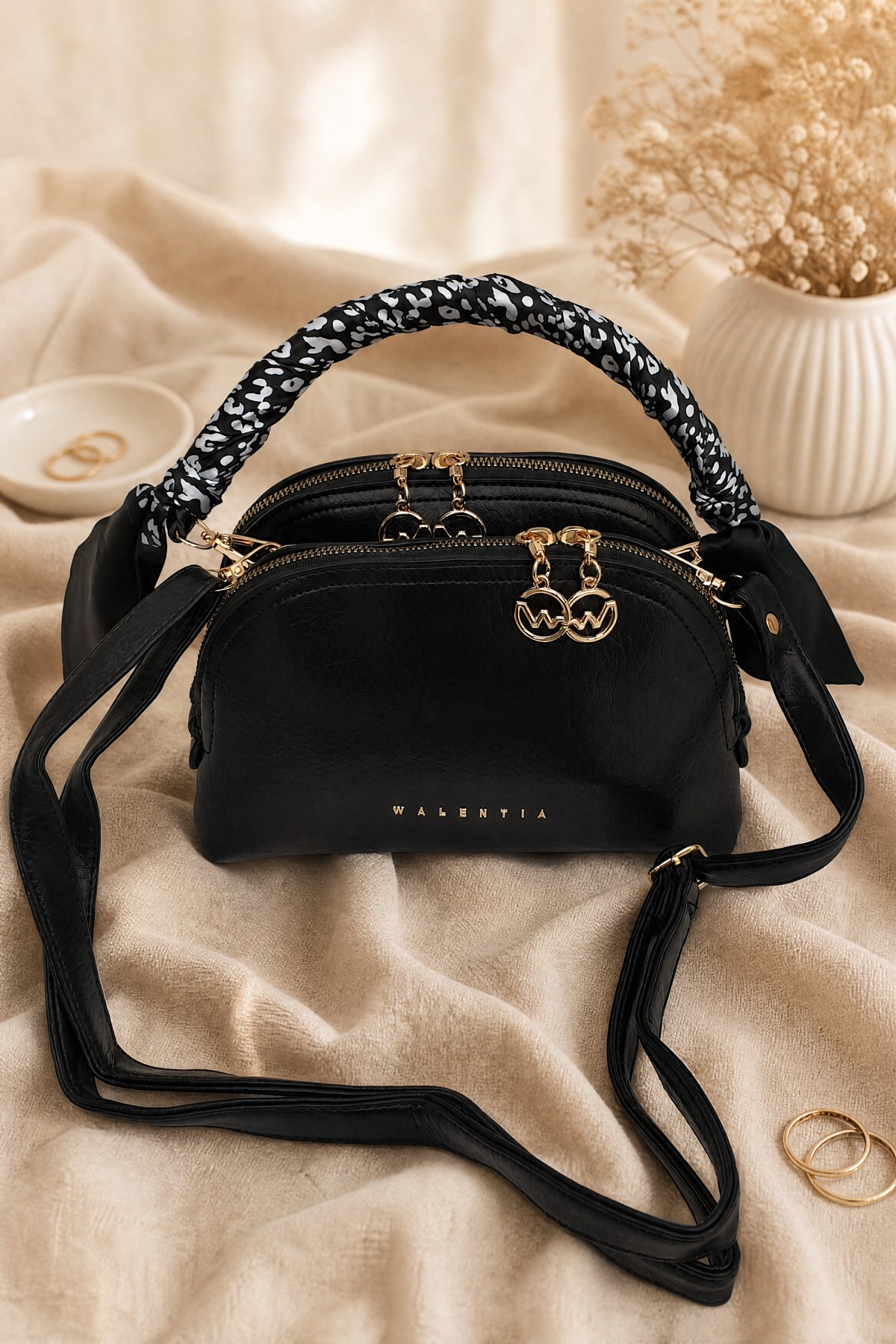 Two-Compartment Shoulder Bag with Scarf Detail -Black