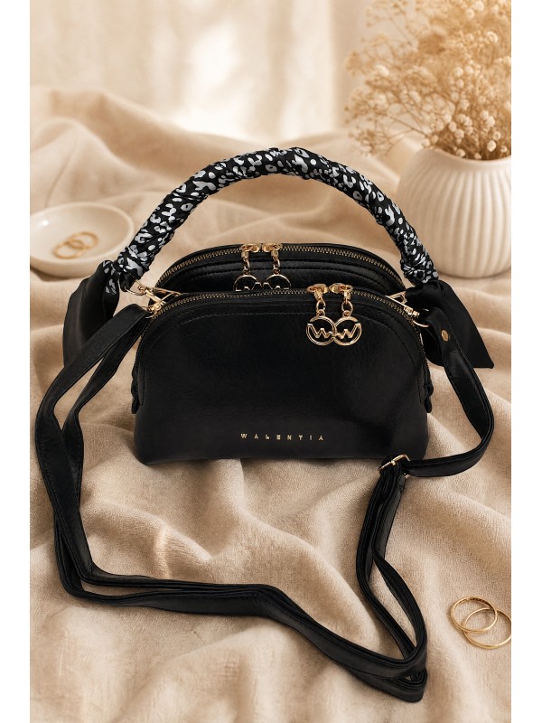 Two-Compartment Shoulder Bag with Scarf Detail -Black