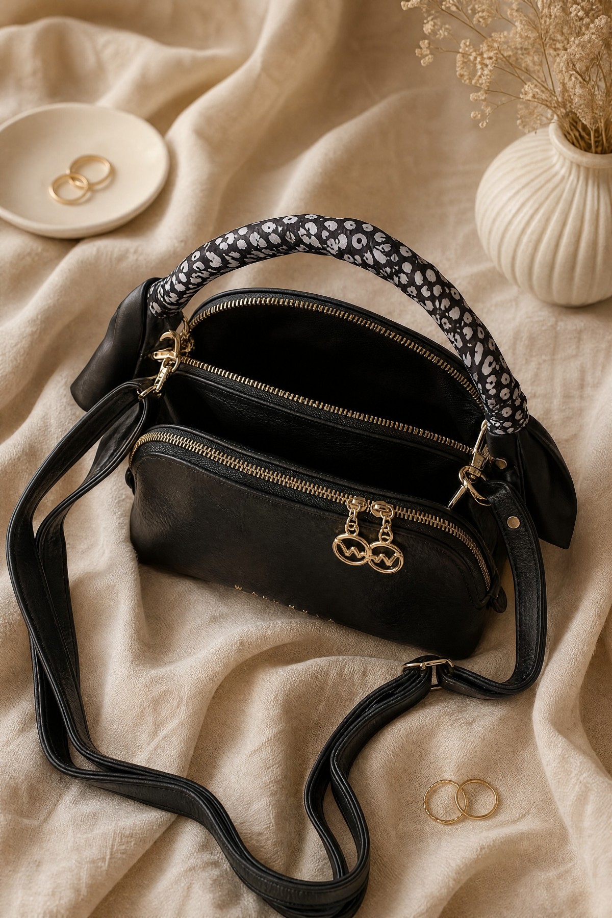 Two-Compartment Shoulder Bag with Scarf Detail -Black