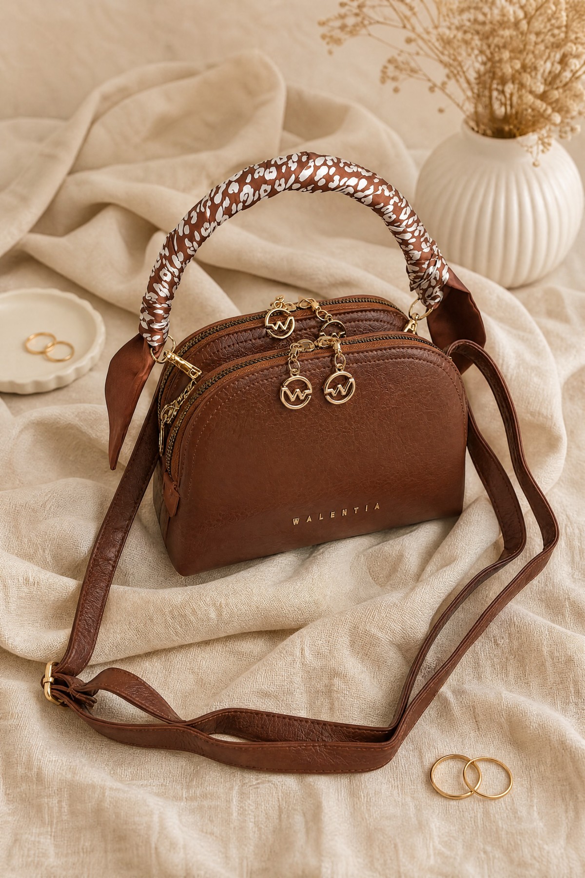 Two-Compartment Shoulder Bag with Scarf Detail -Snuff