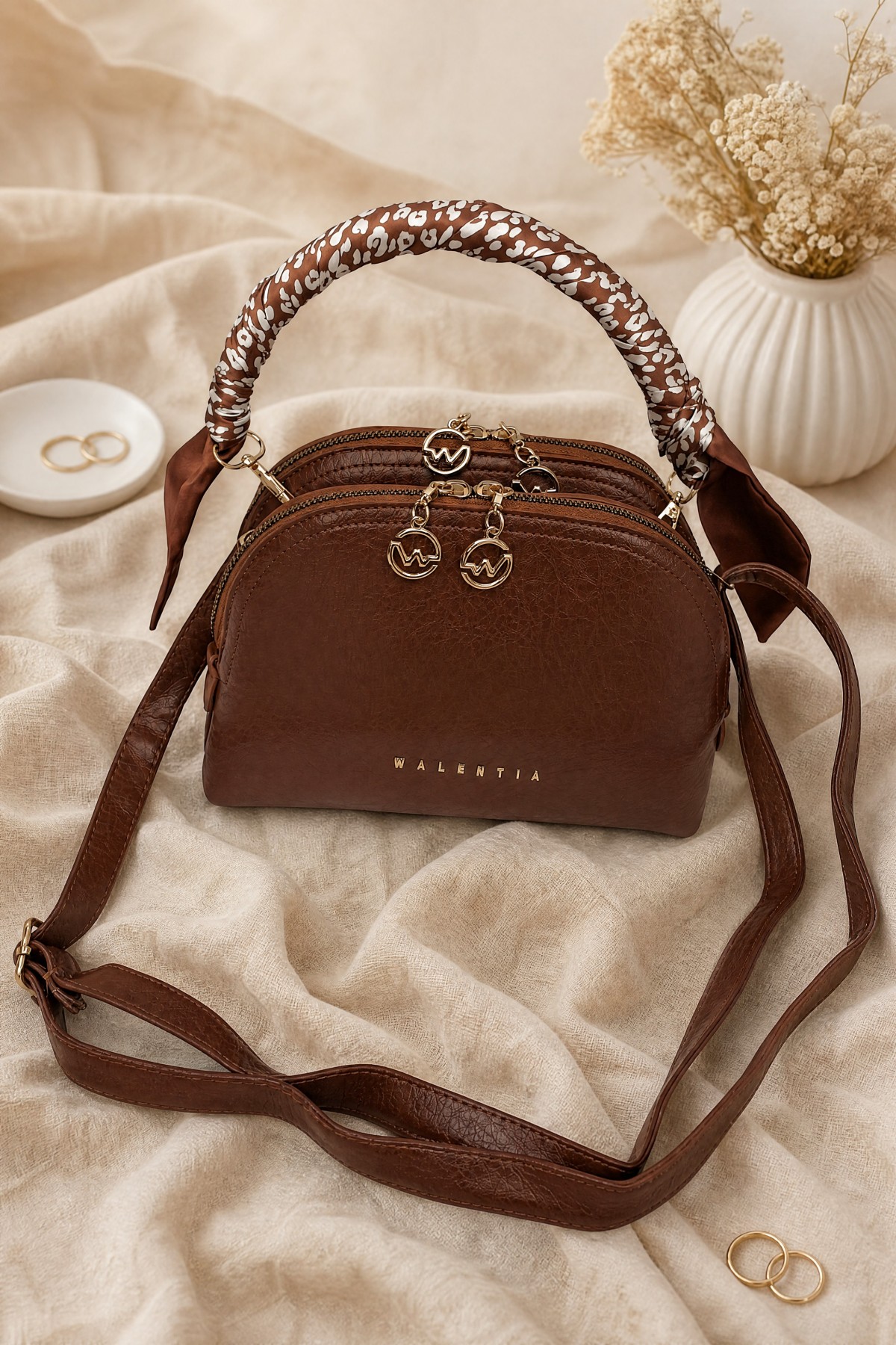 Two-Compartment Shoulder Bag with Scarf Detail -Snuff