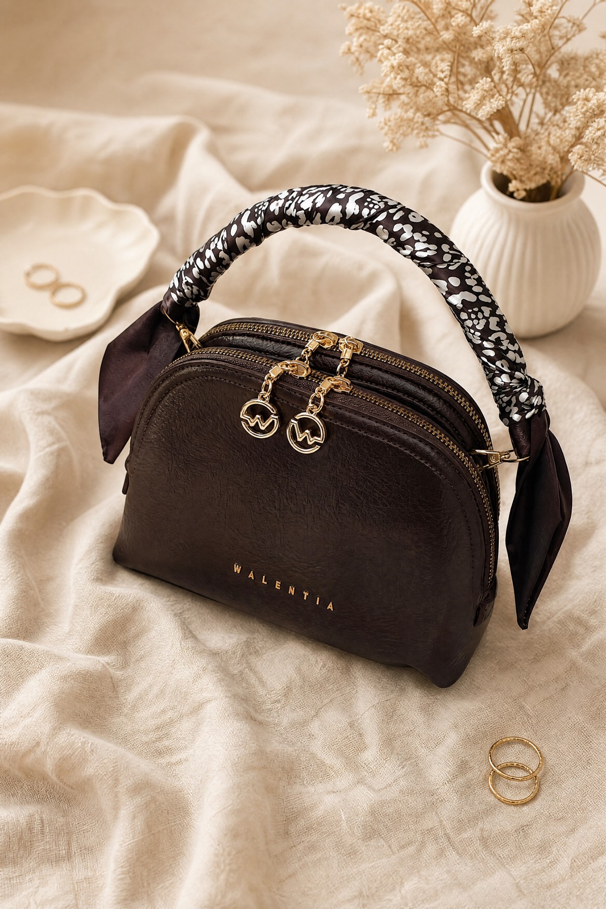 Two-Compartment Shoulder Bag with Scarf Detail -Brown