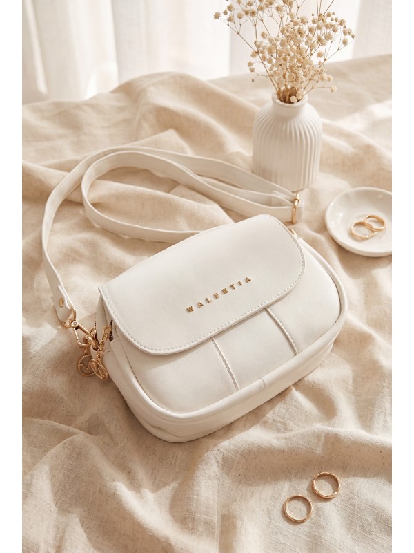 Three-Compartment Bag with Long Strap and Zipper Closure -White