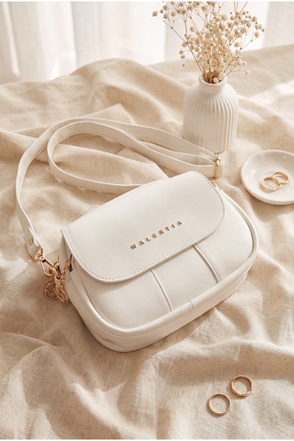 Three-Compartment Bag with Long Strap and Zipper Closure -White
