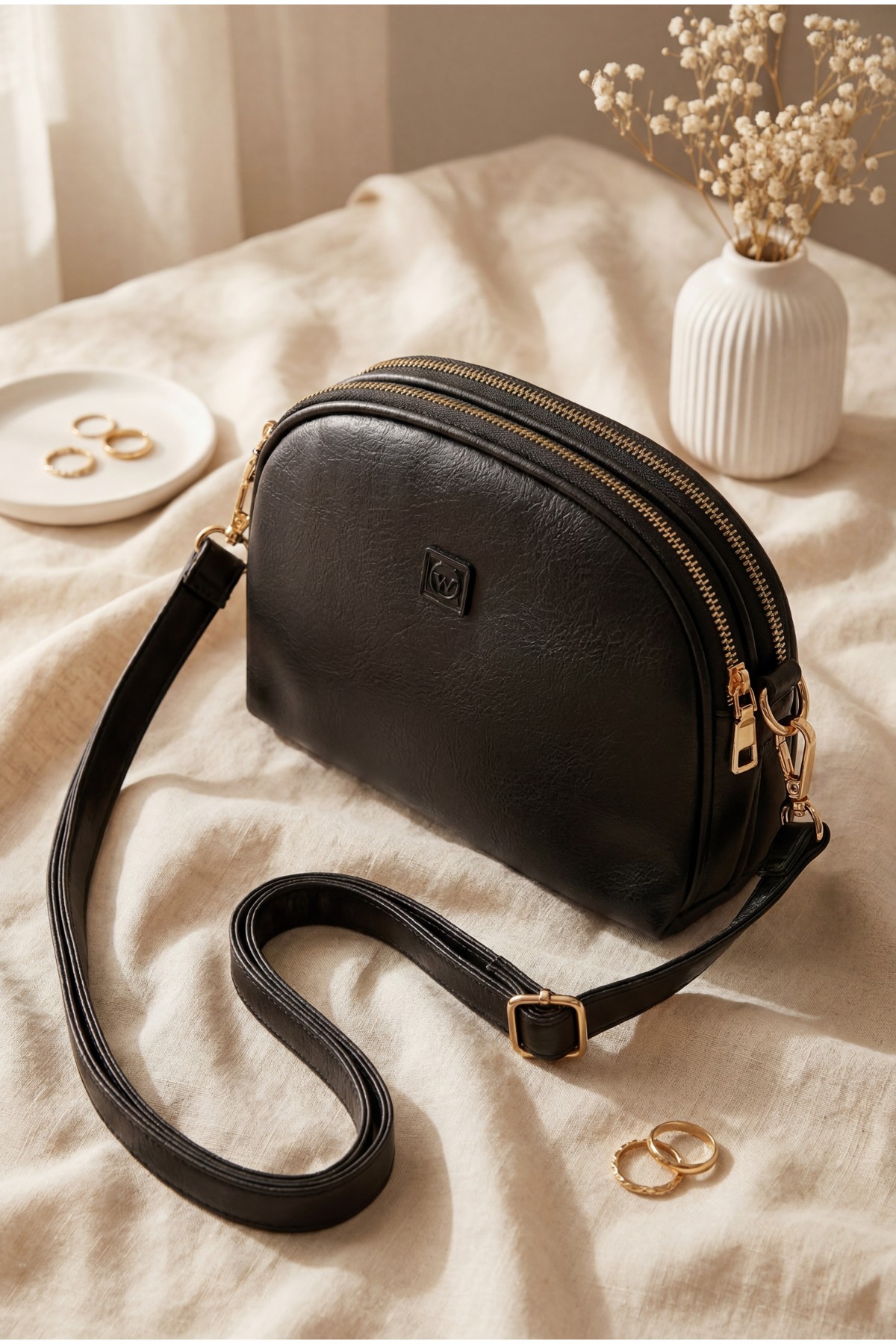 Double Compartment Zippered Crossbody Long Strap Bag -Black
