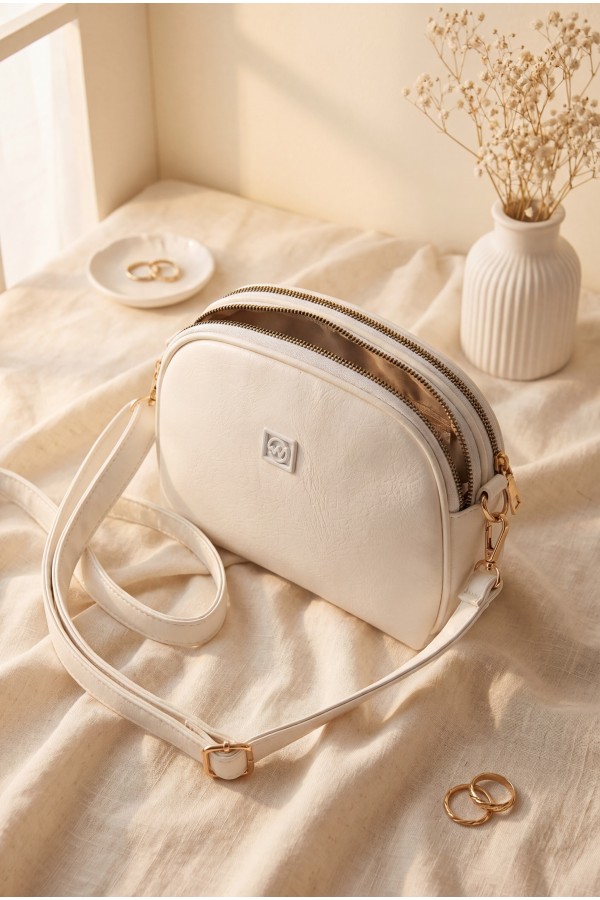Double Compartment Zippered Crossbody Long Strap Bag -White