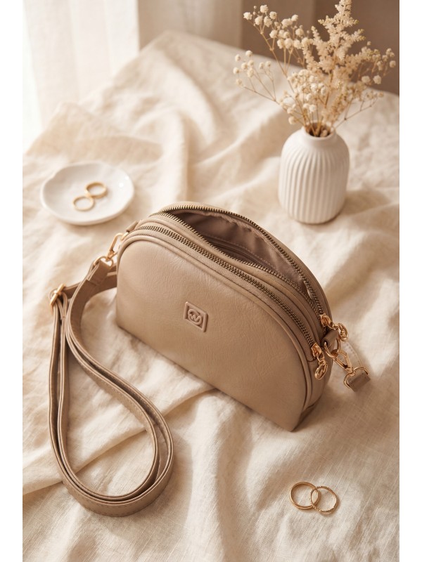 Double Compartment Zippered Crossbody Long Strap Bag -Mink color