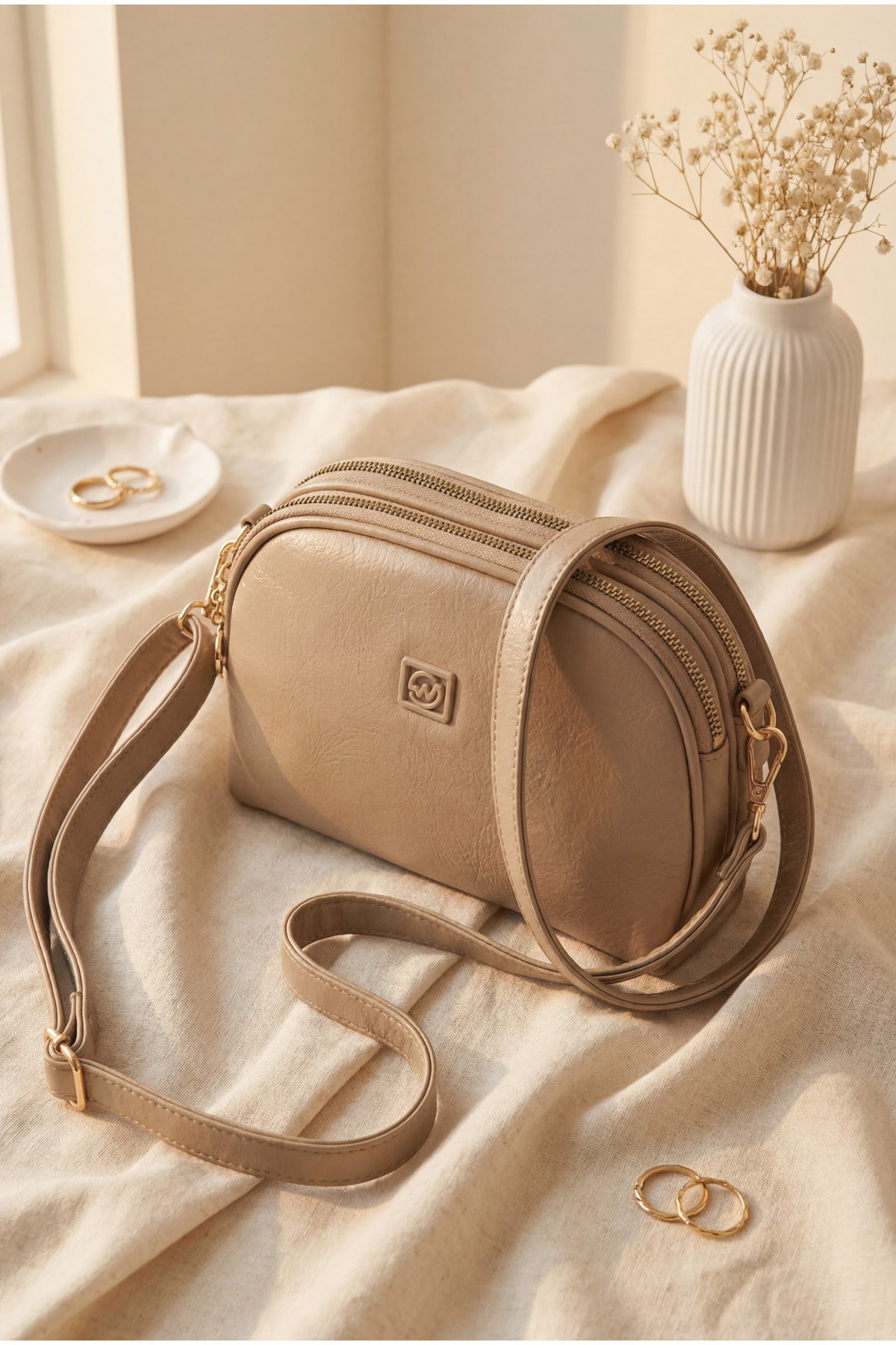 Double Compartment Zippered Crossbody Long Strap Bag -Mink color