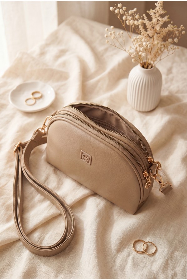 Double Compartment Zippered Crossbody Long Strap Bag -Mink color