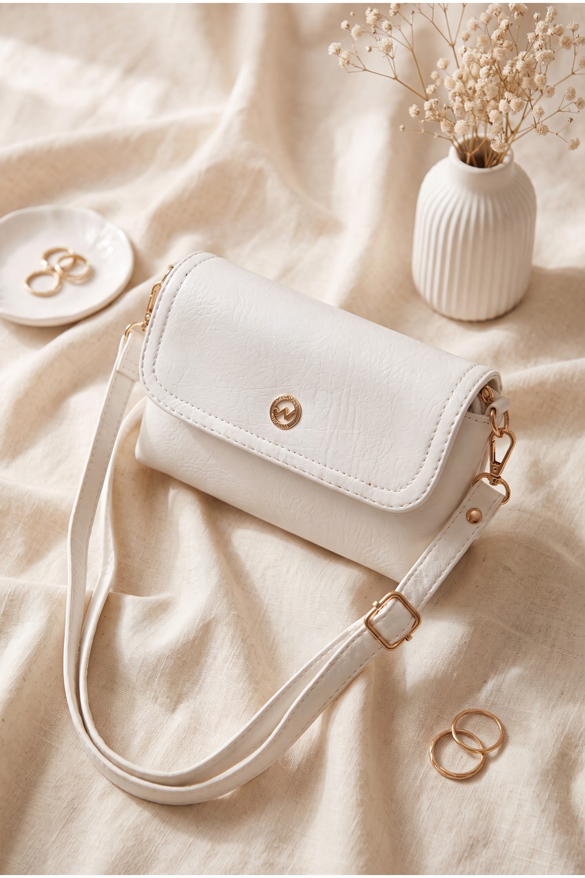 Double Compartment Shoulder Portfolio Bag -White