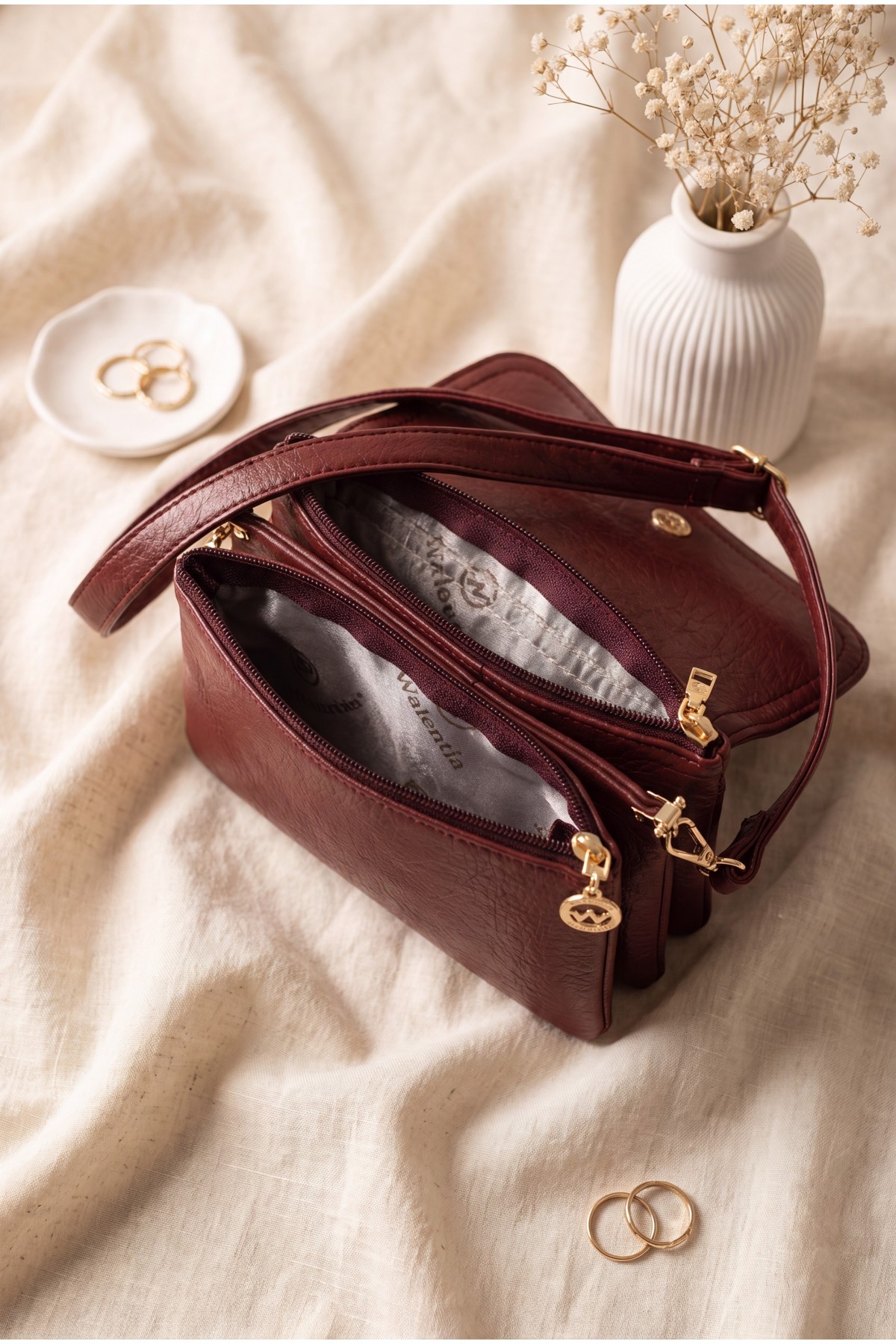 Double Compartment Shoulder Portfolio Bag -Maroon