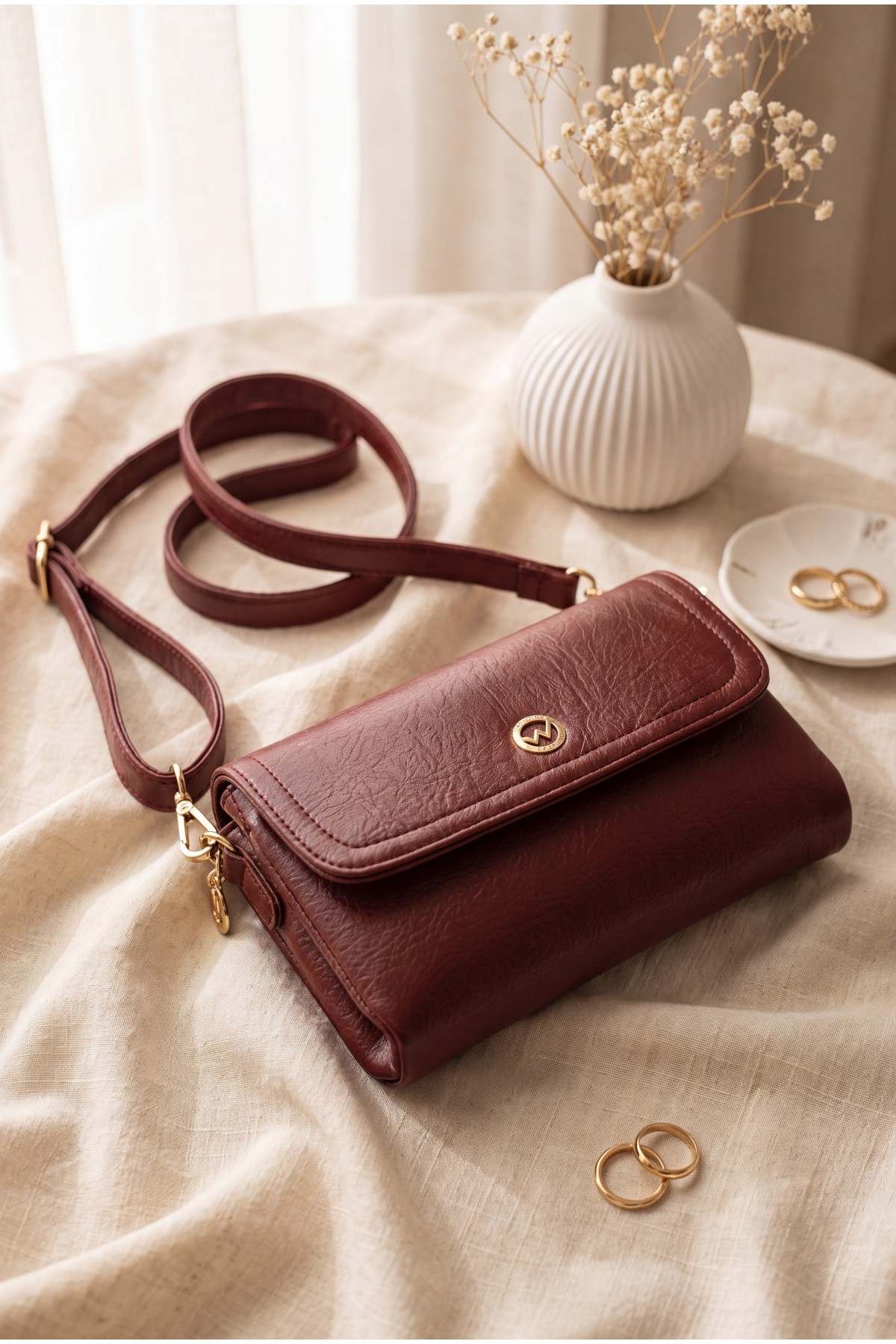Double Compartment Shoulder Portfolio Bag -Maroon