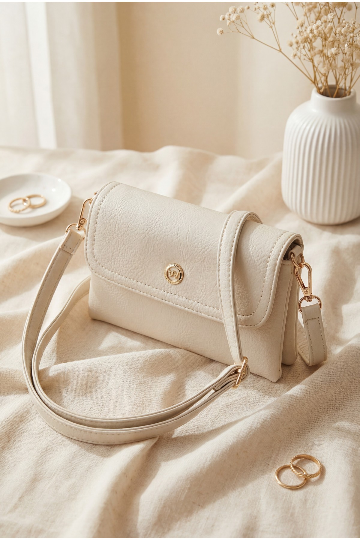 Double Compartment Shoulder Portfolio Bag - Beige