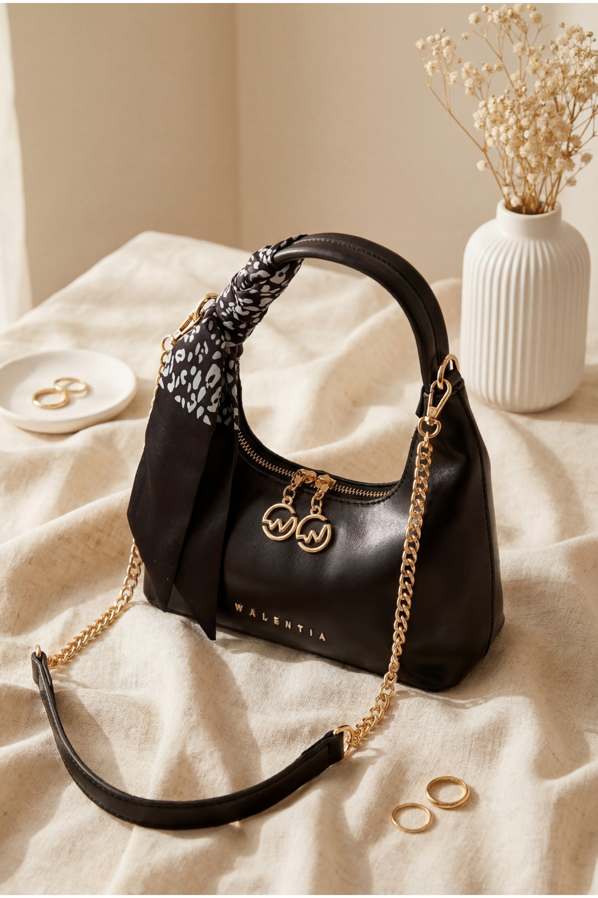 Scarf Detail Chain Strap Shoulder Bag -Black