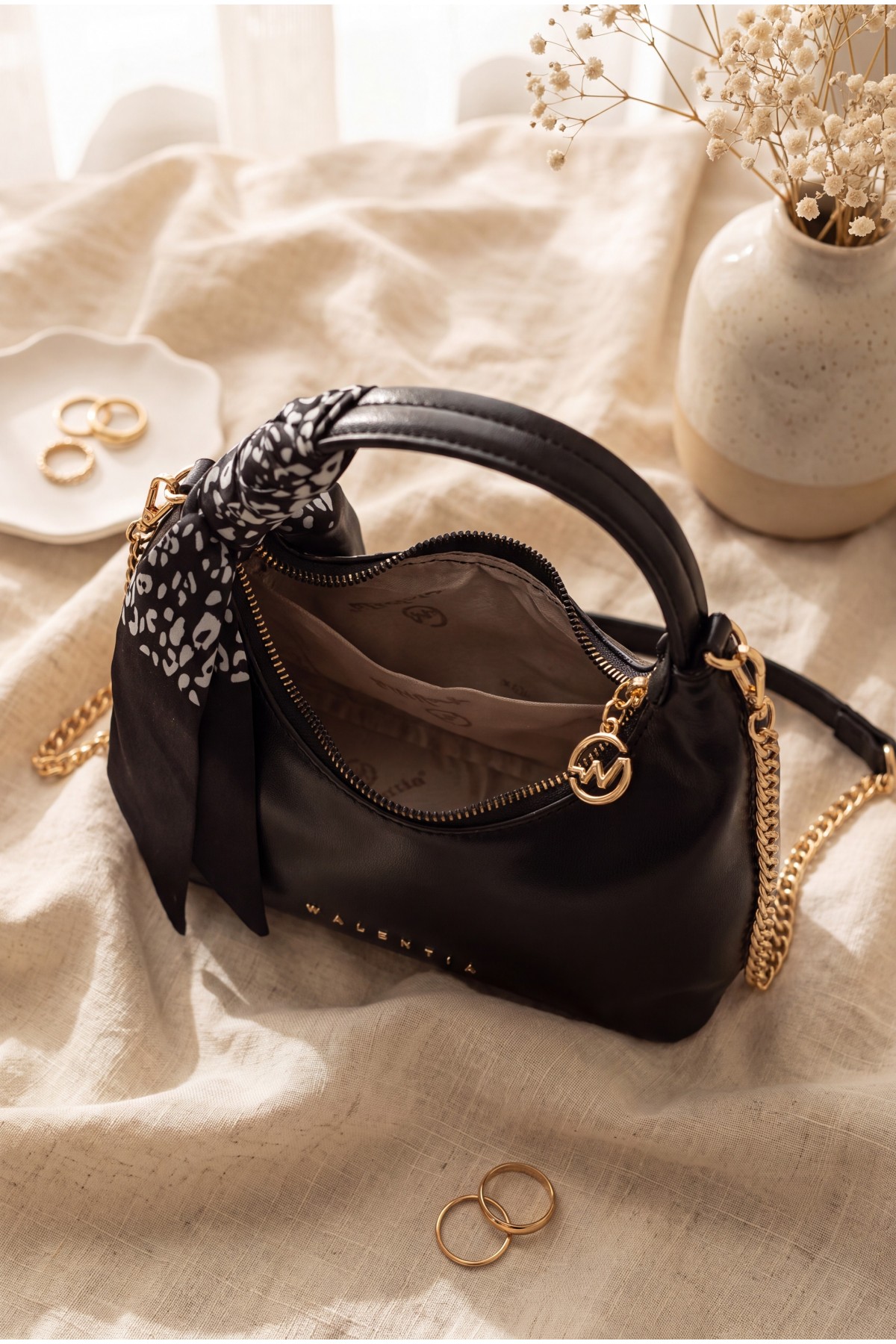 Scarf Detail Chain Strap Shoulder Bag -Black