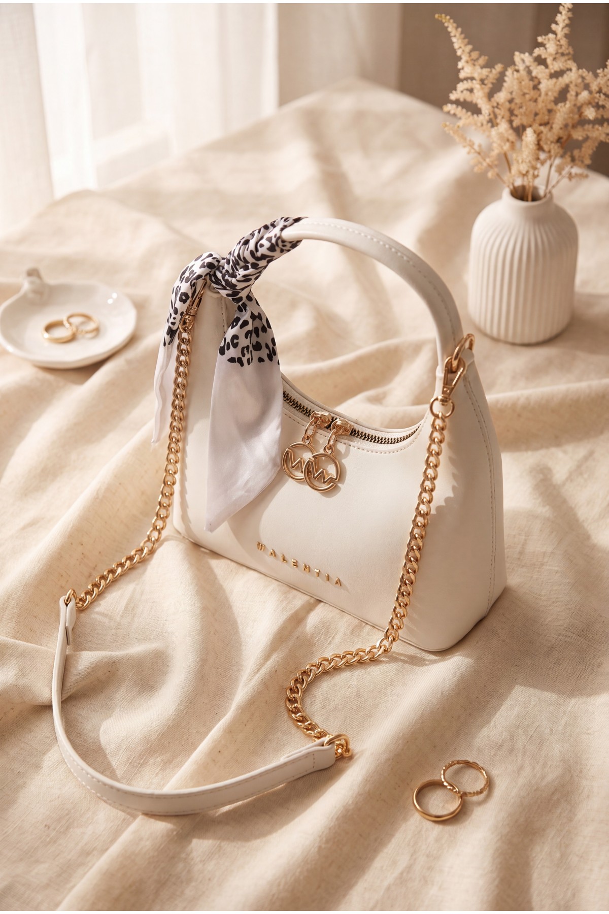 Scarf Detail Chain Strap Shoulder Bag -White