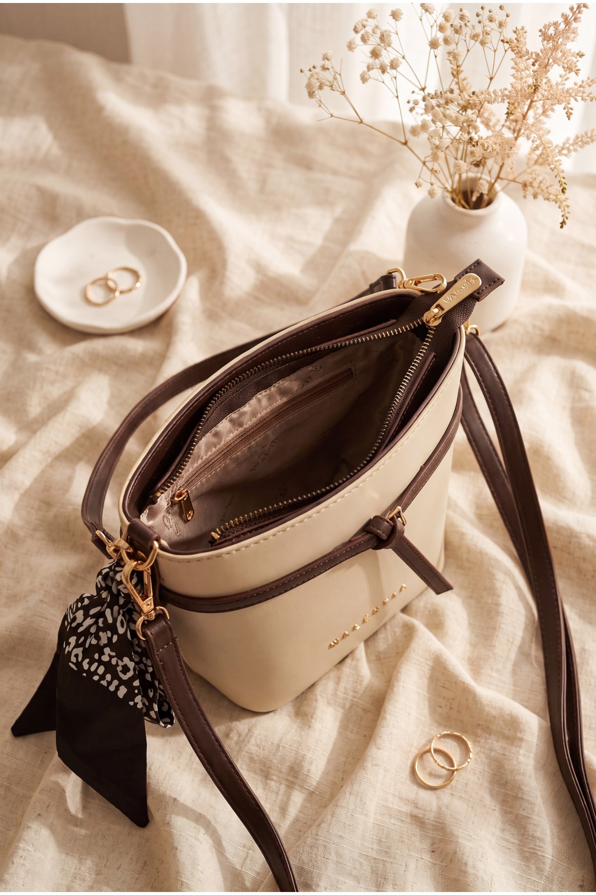 Scarf Detail Chain Strap Shoulder Bag -Stone