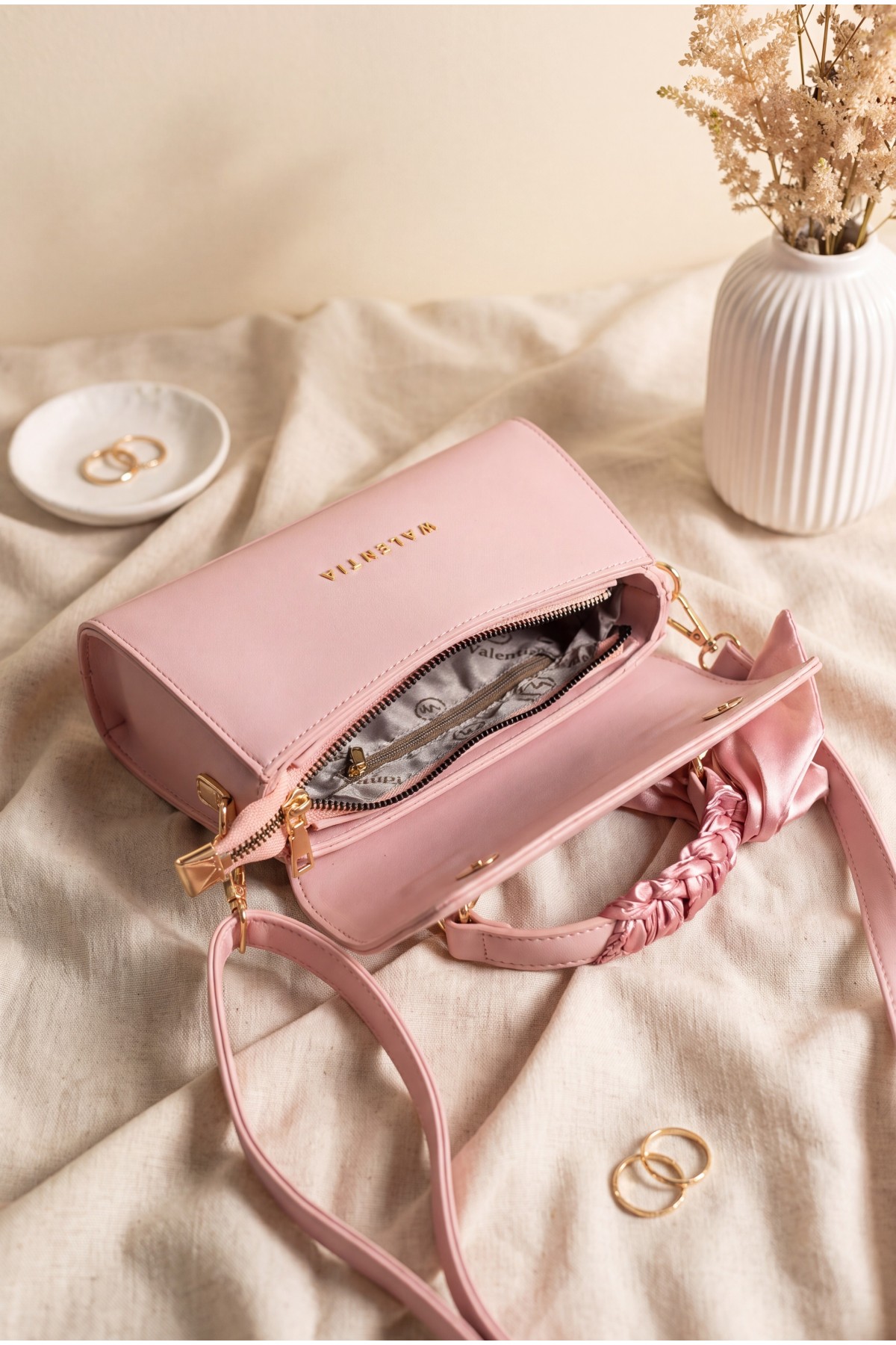Magnetic Closure Shoulder Bag with Scarf -Powder
