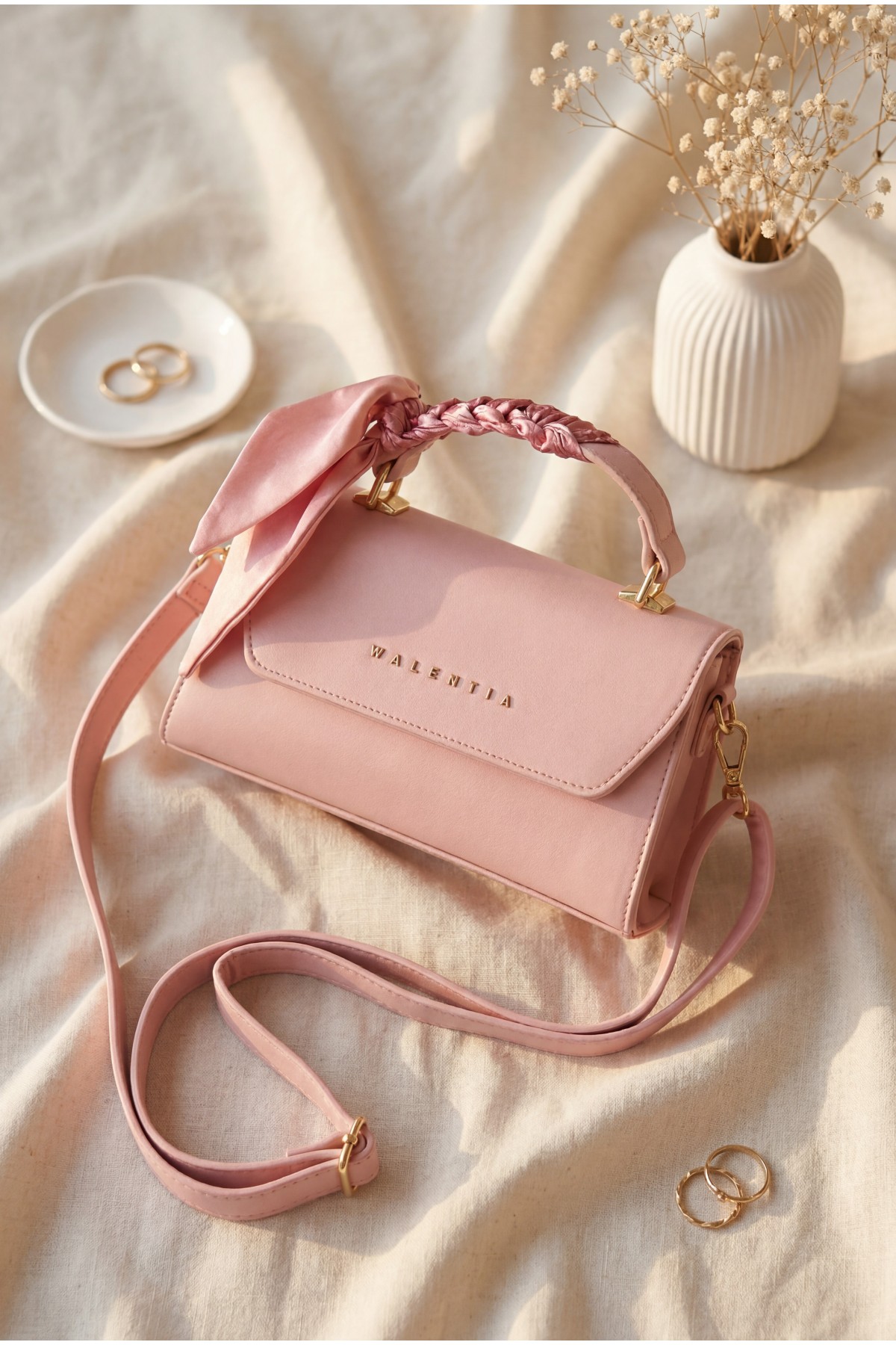 Magnetic Closure Shoulder Bag with Scarf -Powder