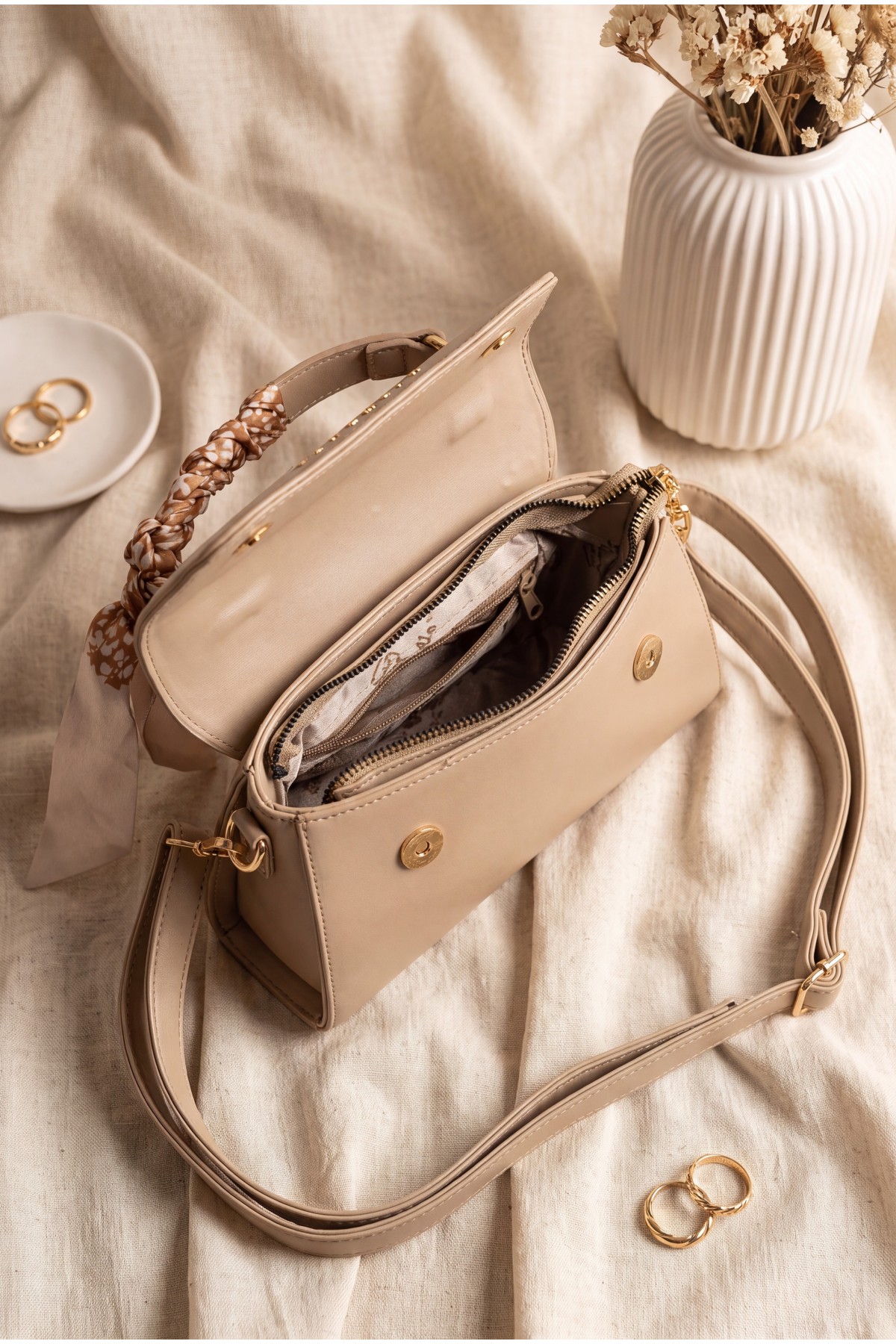 Magnetic Closure Shoulder Bag with Scarf -Mink color