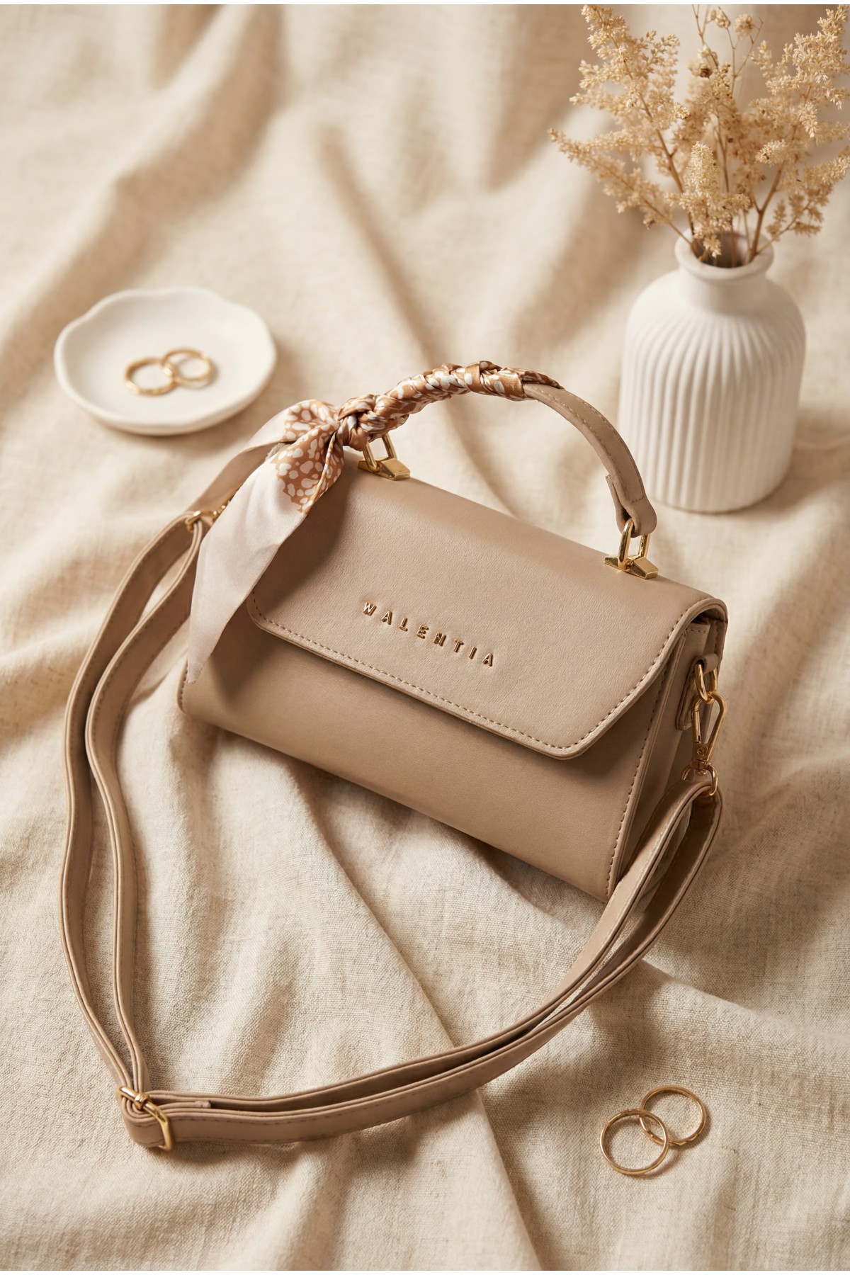 Magnetic Closure Shoulder Bag with Scarf -Mink color