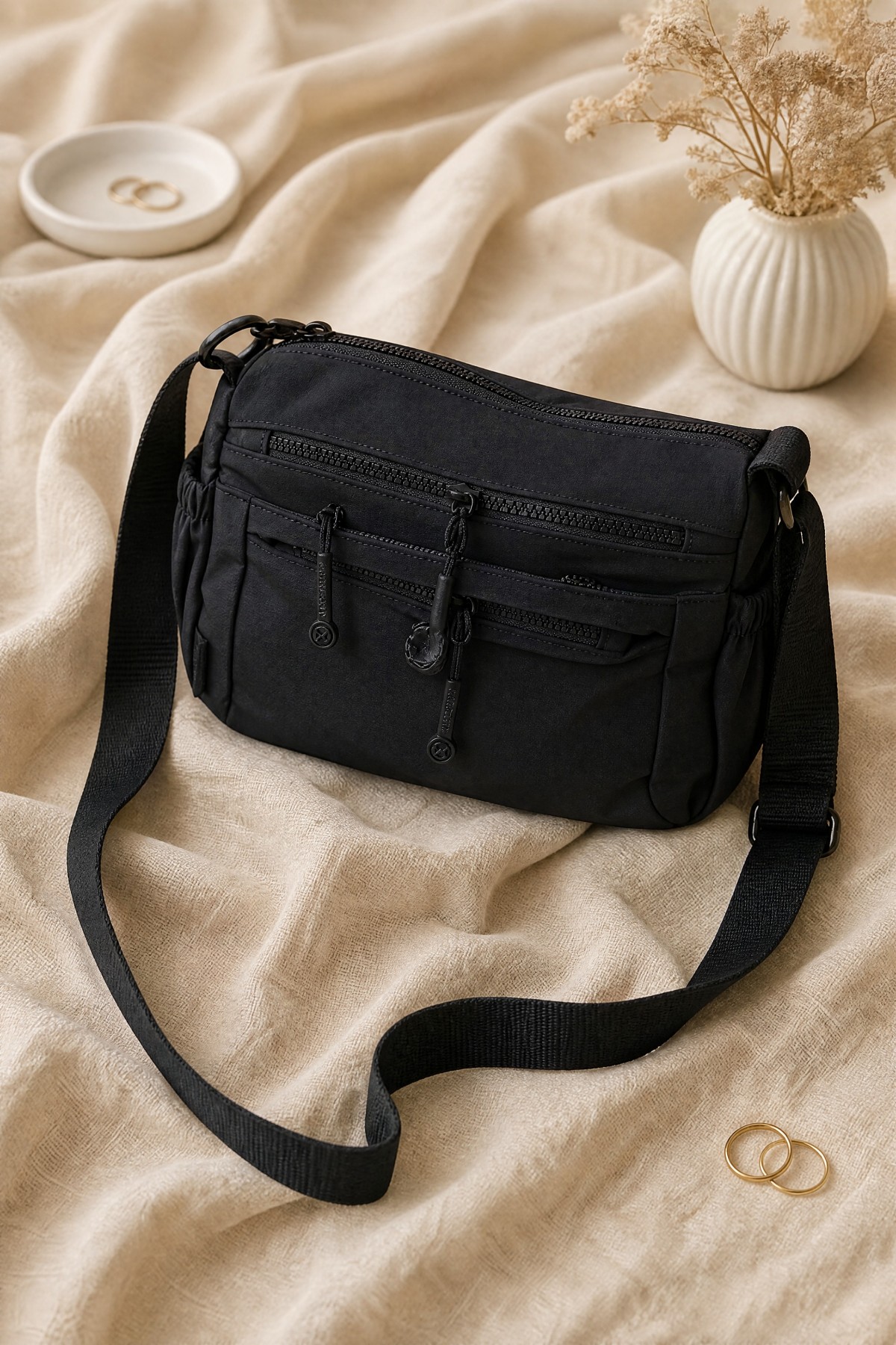 Two-Compartment Shoulder Bag with Scarf Detail -Black