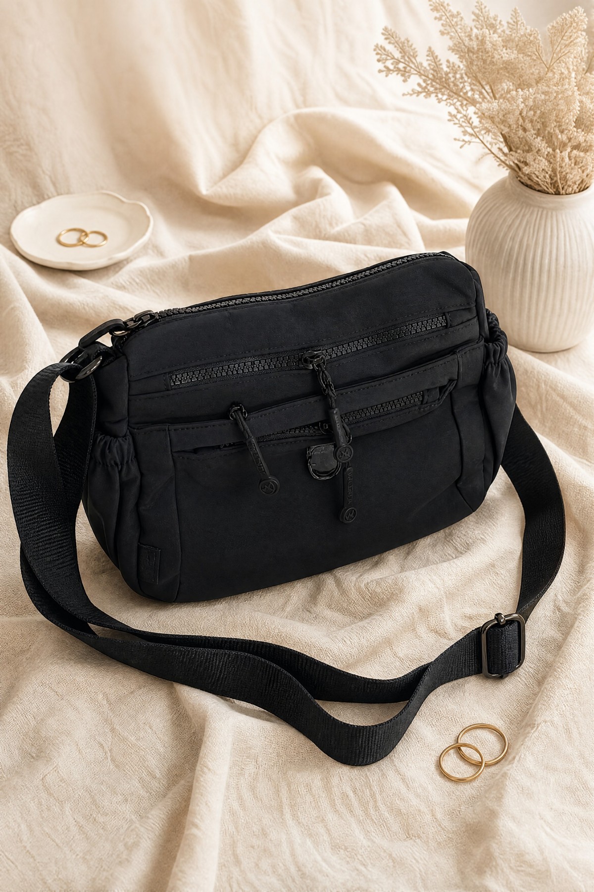 Two-Compartment Shoulder Bag with Scarf Detail -Black