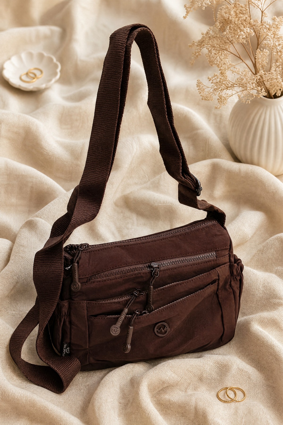 Two-Compartment Shoulder Bag with Scarf Detail -Brown