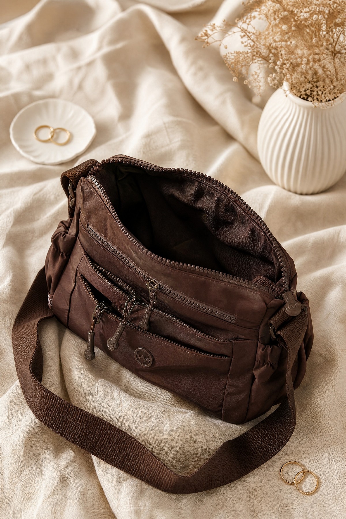 Two-Compartment Shoulder Bag with Scarf Detail -Brown