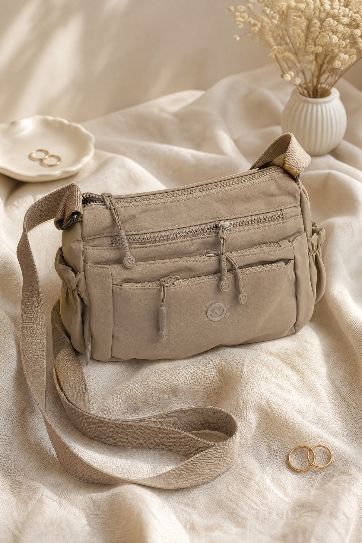 Two-Compartment Shoulder Bag with Scarf Detail -Mink color