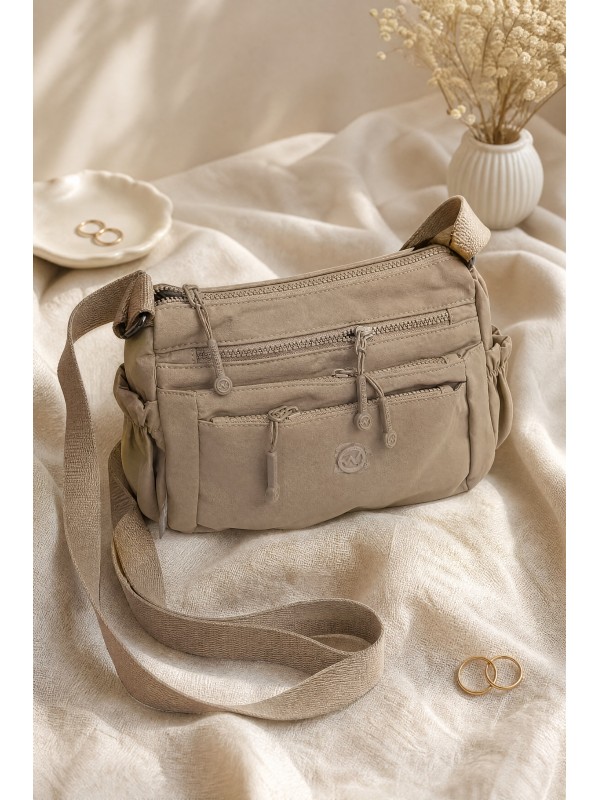 Two-Compartment Shoulder Bag with Scarf Detail -Mink color