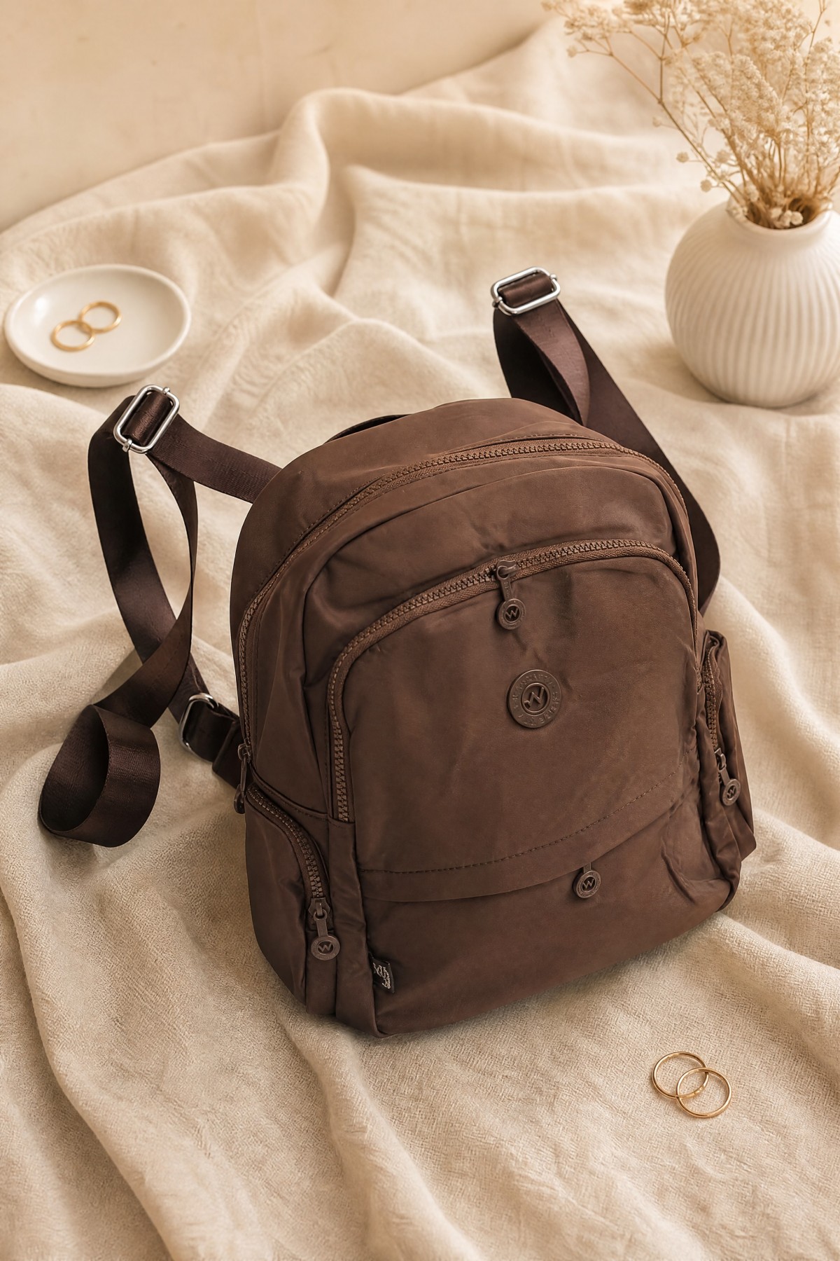 Multi-Compartment Water-Repellent Casual Backpack -Brown