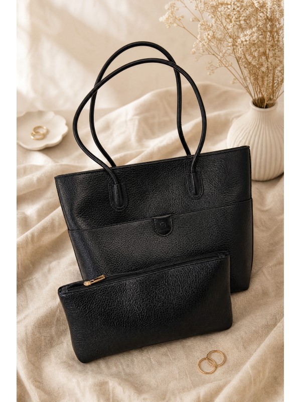 Zippered Shoulder Bag with Makeup Bag -Black
