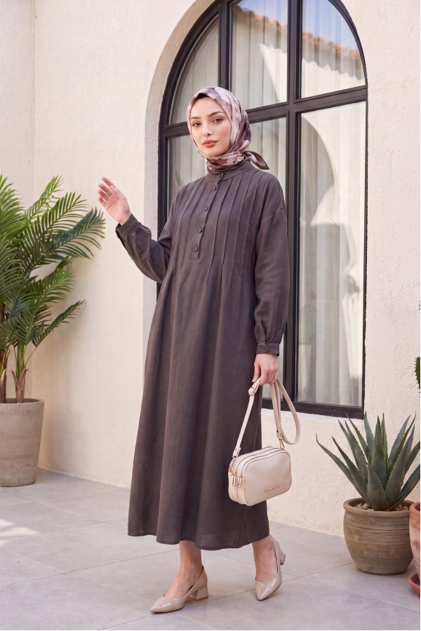 Front Ribbed Half-Button Muslin Dress -Brown