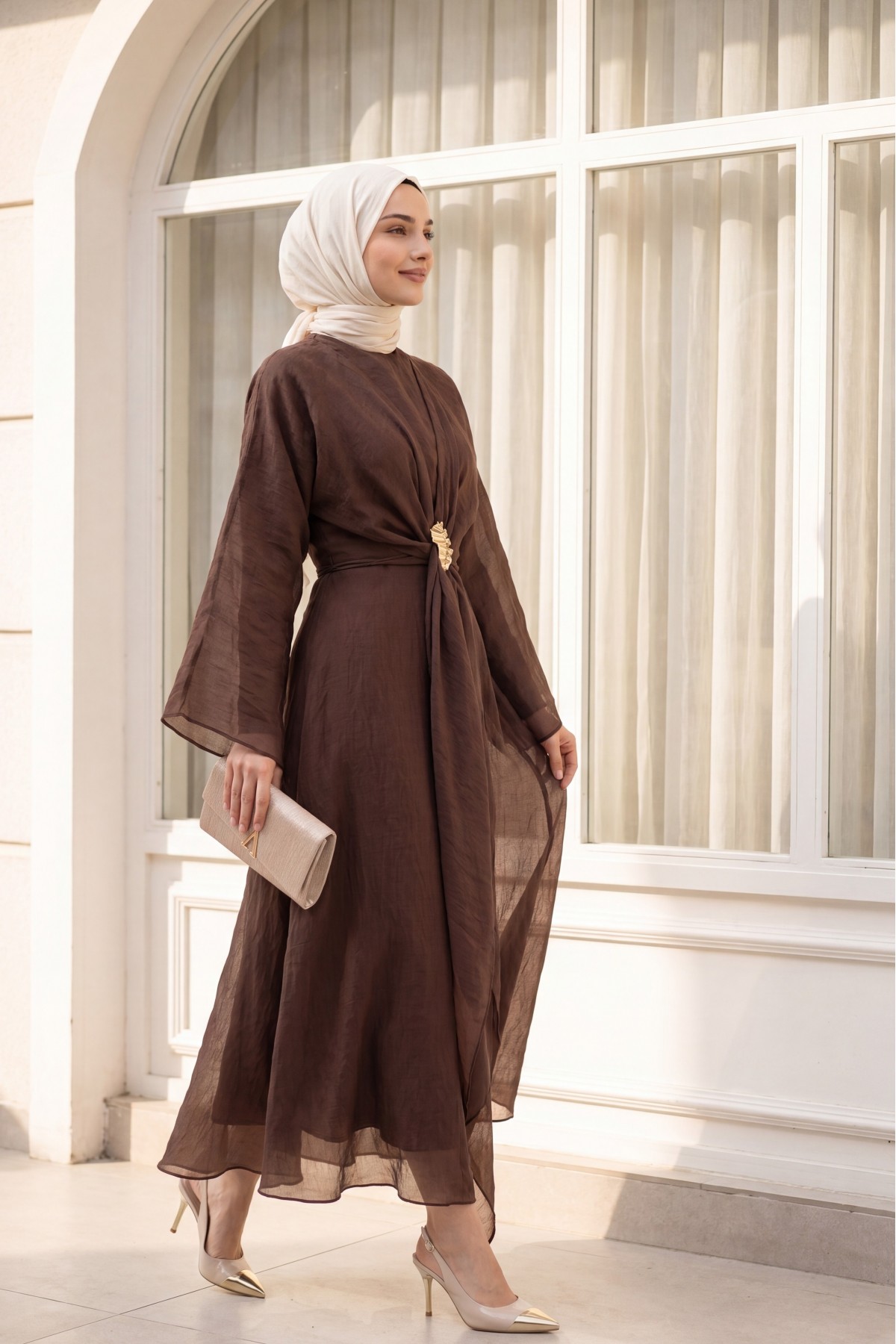 Long Tulle Modal Dress with Tie-Up Bolero and Lining -Brown