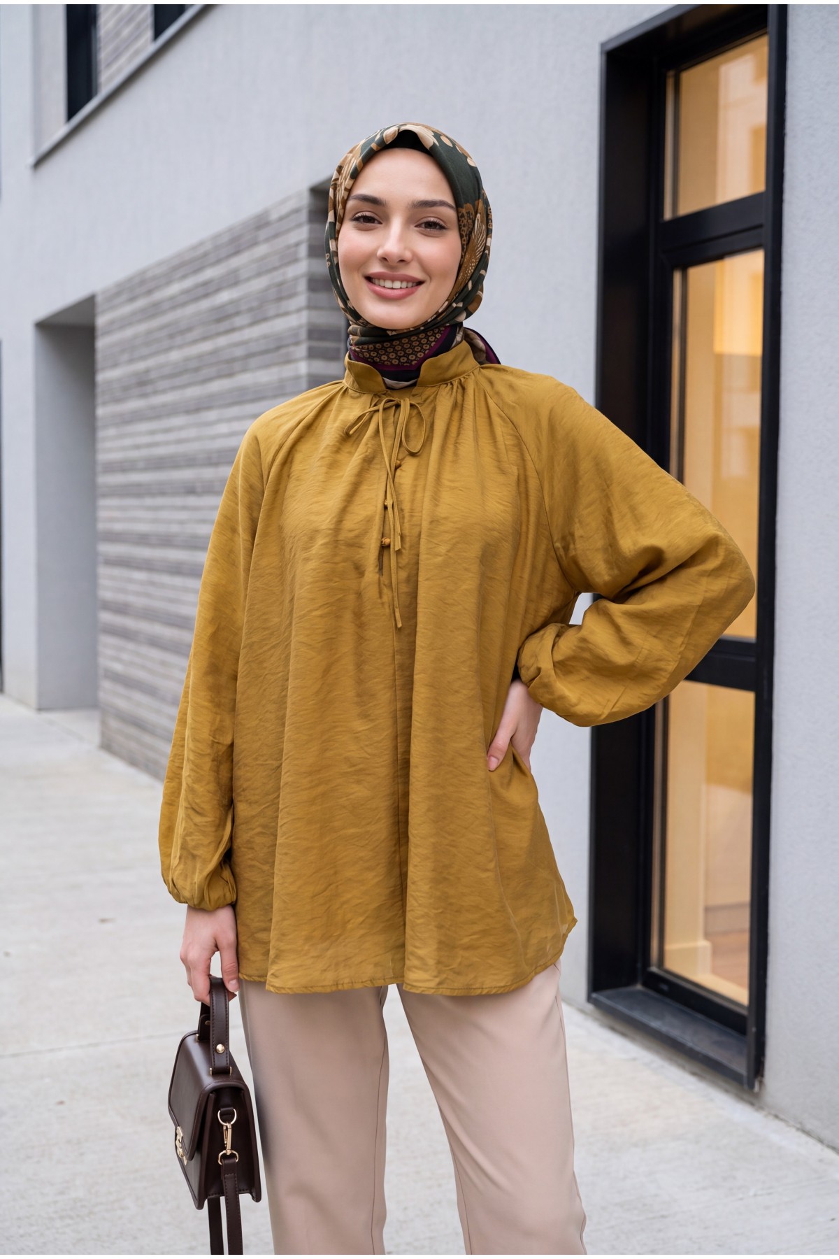 Oversize Tulle Voile Blouse with Tie Neckline and Half Button Closure, Lined -Snuff