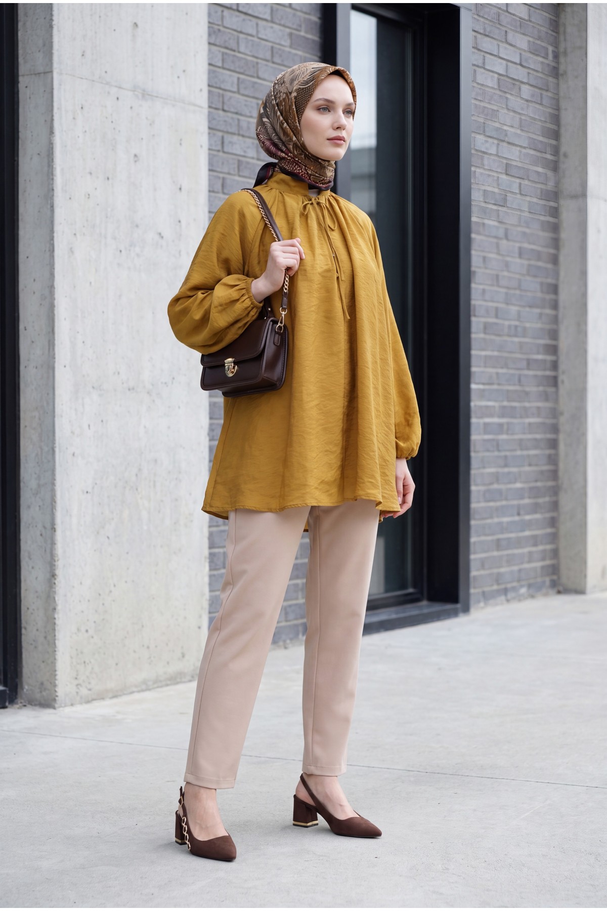 Oversize Tulle Voile Blouse with Tie Neckline and Half Button Closure, Lined -Snuff