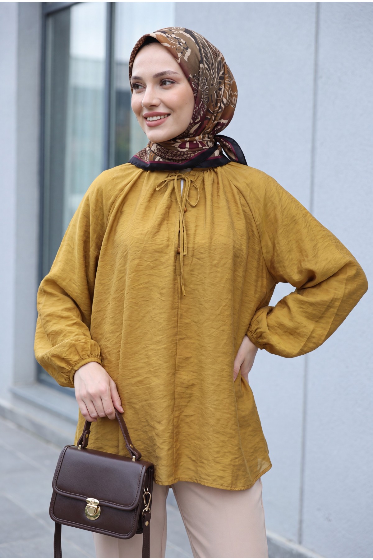 Oversize Tulle Voile Blouse with Tie Neckline and Half Button Closure, Lined -Snuff