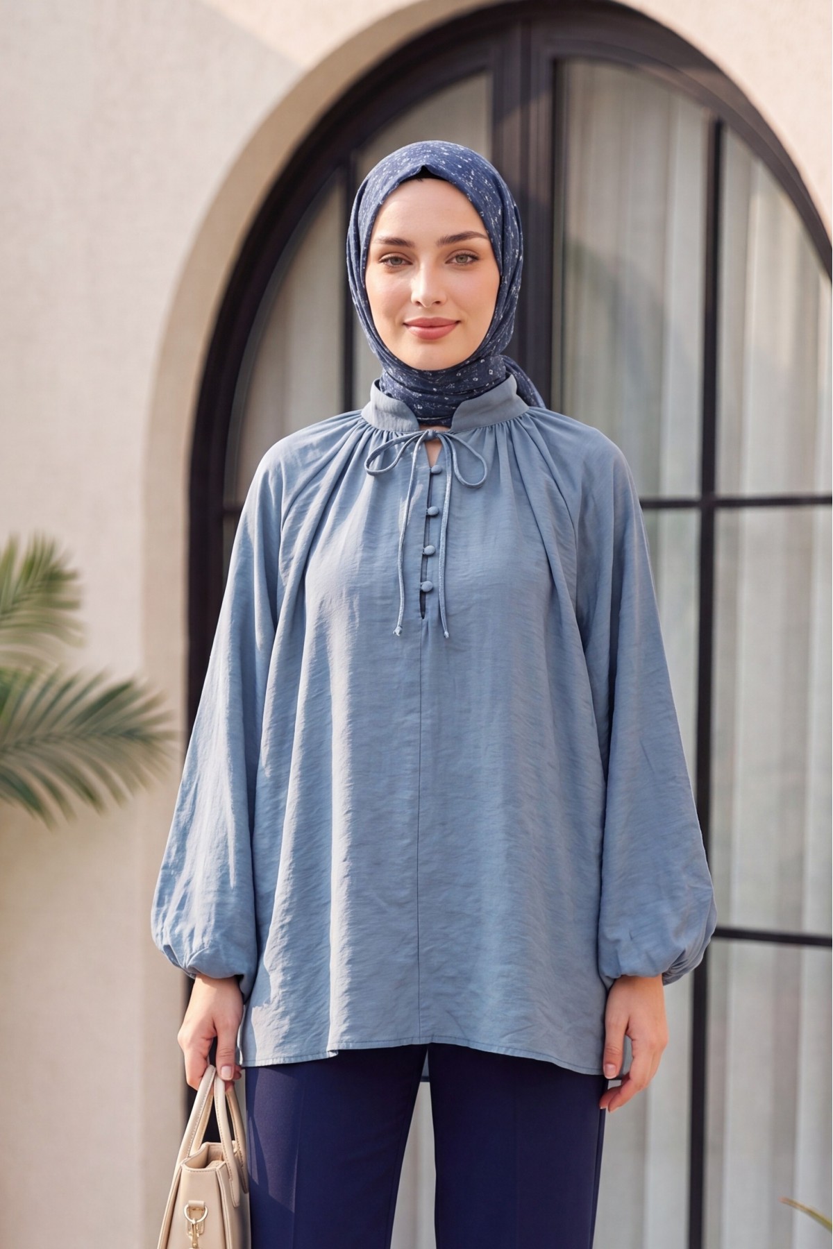 Yakası Bağlamalı Yarım Düğmeli Astarlı Oversize Tül Vual Bluz -Petrol