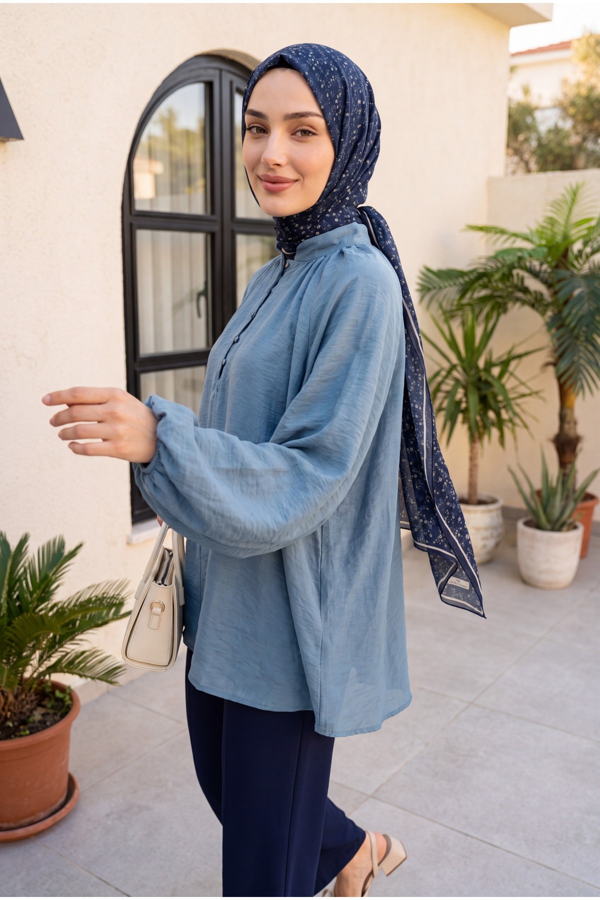 Yakası Bağlamalı Yarım Düğmeli Astarlı Oversize Tül Vual Bluz -Petrol