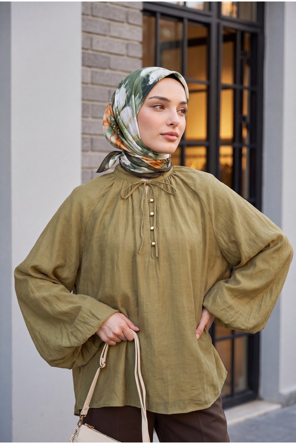 Oversize Tulle Voile Blouse with Tie Neckline and Half Button Closure, Lined -Oil Green