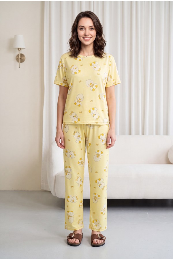 Ördek Desenli Bisiklet Yaka Kısa Kol Penye Pijama Takımı -Sarı